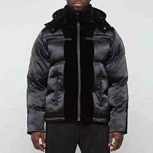 Chaqueta de Plumón para Hombre, Diseño de Panel de Terciopelo, Tejido Mixto, Color Negro con Estampado de Leopardo, Aislante, Cálida, para Invierno, con Capucha y Cierre de Cremallera - Product Image 1