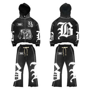 OEM Custom Mens 100% Cotton Oversized Boxy Sweatsuit Distressed Patch Embroidery Hoodie & Sweatpants - Product Image 1