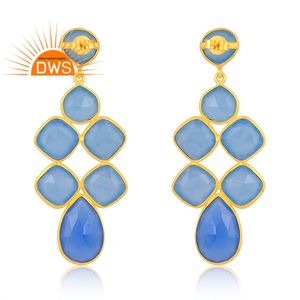 Último diseño de plata esterlina 18K chapado en oro Natural azul Calcedonia piedra preciosa colgante pendiente Demi joyería fina fabricante - Product Image 4