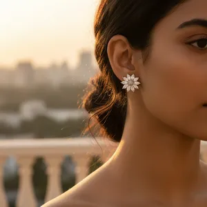 Pendientes de Botón de Flor Plateados de Moda para Mujer con Circonita Cúbica, Aleación Chapada en Rodio y Latón, Joyería Religiosa - Product Image 2