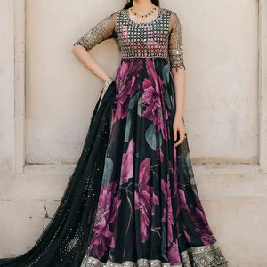 Modern Anarkali Chiffon Embroidered Acrylic Lehenga Choli Maxi Dress Long Sleeve Stylish Embellishment Wrinkle-Free Women Party - Product Image 1