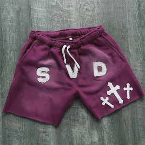 กางเกงขาสั้นกันเหงื่อผ้าฝรั่งเศสสำหรับผู้ชายกางเกงขาสั้นกันเหงื่อผ้าเกล็ดปลาแบบสตรีทแวร์ฟอกสีซีดซีดแสงแดดดีไซน์วินเทจฟิตเนส - Product Image 2