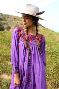 Robe longue florale mexicaine vintage brodée à la main SRJ EXPORTS, 100 % coton, coupe trapèze, pour l'été - Product Image 3