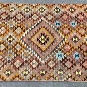 2.4x5.6 ft Rug, Vintage Kilim Rug, Turkish <b>Brown</b> <b>Wool</b> Patchwork Rug - Product Image 3