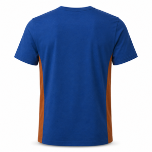 T-shirt col rond bleu roi en gros avec empiècements latéraux couleur rouille, vêtements décontractés d'été en coton personnalisés pour hommes - Product Image 4