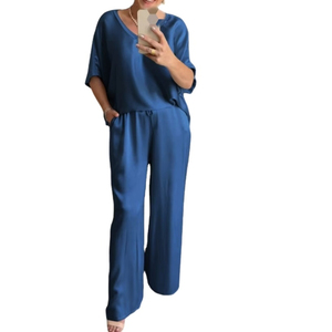 Women's <b>Green</b> <b>Silk</b> Satin V-Neck Two-Piece Set Loose Fit Casual Wide Leg Pants With Pockets Summer Wear - Product Image 5