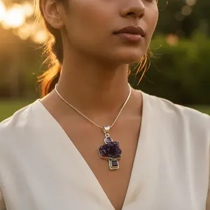 Women's Trendy <b>Silver</b> & Rose Gold Amethyst <b>Pendant</b> <b>Necklace</b> with Diamond & Pearl 18K Gold Rhodium Plated Gemstone Jewelry - Product Image 3