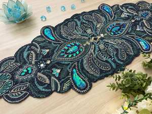 Lujo hecho a mano 13x36 pulgadas camino de mesa con cuentas azul Multicolor centro de mesa decoración para comedor - Product Image 5