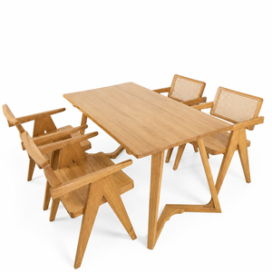 Juego de Comedor de Madera de Teca, Estilo Escandinavo Elegante, con Patas Arqueadas, Sillas de Ratán Tejidas a Mano, Moderno, para 4 Personas - Product Image 1