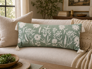 Funda de Almohada Lumbar de Algodón Bordada con Motivos Florales, Hecha a Mano, Decorativa, con Borlas, para Sofá - Product Image 4