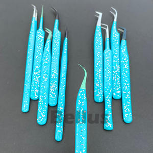 แหนบต่อขนตาสีฟ้าแบบมืออาชีพอุปกรณ์แต่งขนตาโลโก้ตามสั่งทำจากสเตนเลสแบบโค้งทนทานสำหรับศิลปิน - Product Image 5