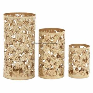 Ensemble de 3 bougeoirs décoratifs en métal design de feuilles faits à la main, pot et support de bougie et de cire de table d'aspect fantaisie - Product Image 1