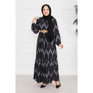 Robe en crêpe gris avec ceinture et motif palmier modeste - Product Image 4