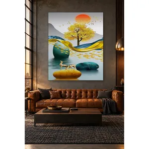 Impression sur toile Fida Golden Tree and Deer sur pierres vertes - Product Image 4