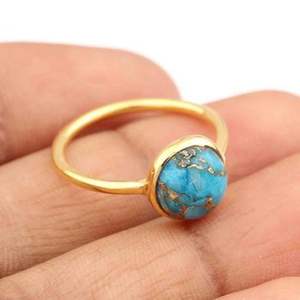 Bague éternelle en argent vermeil plaqué or 925, avec turquoise cuivre bleu Mohave, magnifique cabochon de 10 mm, serti à la main, pour les occasions spéciales - Product Image 3