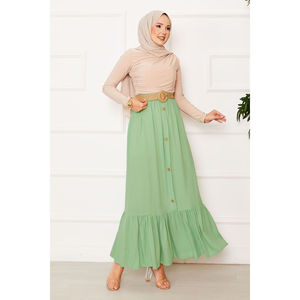 Pistachio Green Chiffon Hijab <b>Skirt</b> with <b>Elastic</b> Waist Button Detail Soft Fabric - Product Image 1