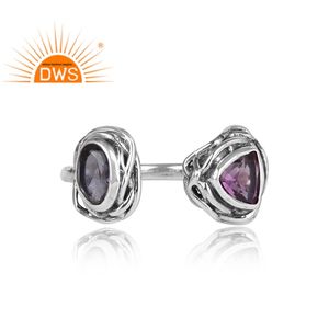 Nouvelle bague ajustable élégante en argent sterling oxydé avec pierres précieuses naturelles Iolite et Améthyste – Fabricant de bijoux sur mesure - Product Image 3