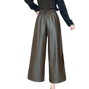 Otoño Invierno simplicidad pantalones de cuero mujer moda Vintage pierna ancha suelta cintura alta recto todo-fósforo Casual recortado Pantalones - Product Image 1