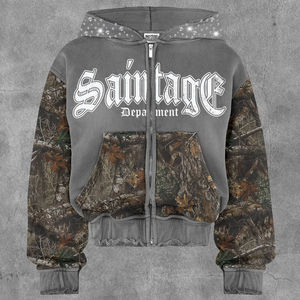 Sweat à capuche zippé en molleton français 450 g/m², coupe courte et ample, effet délavé soleil, strass et délavage acide, mélange de coton, style streetwear personnalisé - Product Image 6