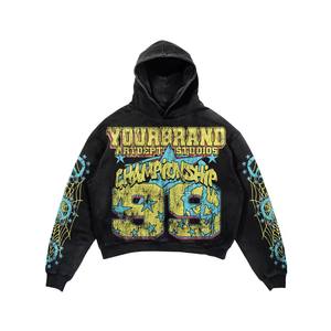 Sweat à capuche Streetwear vintage pour hommes, coton imprimé, coupe boxy, imprimé à l'acide, sweatshirts personnalisés noirs avec techniques brodées - Product Image 6