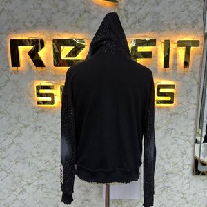 Tendencia Moda Fabricante profesional Cremallera Sudadera con capucha Rhinestone Zip up Jacket Vintage Washed Men Fleece Streetwear Hoodie - Product Image 2