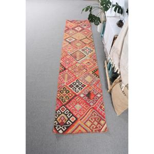 Vintage Kilim <b>Runner</b> Rug 2.3x10.1 ft (70x309 cm), Turkish <b>Red</b> Check Wool Rug - Product Image 1