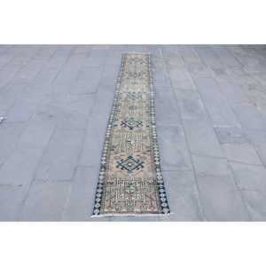 Alfombra Turca Vintage de 1.6x9.2 pies, Alfombra de Lana Ikat Azul - Product Image 1