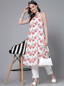 Último Diseño: Kurti de Oficina para Mujer, Corte Recto, Sin Mangas, Estampado Floral, Poliéster, Cuello en V, Estilo Étnico de Verano - Product Image 4
