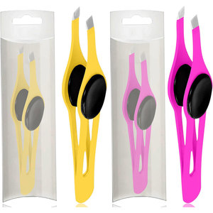 SET 2 Pinzas profesionales para pestañas de acero inoxidable con punta inclinada Pinzas antideslizantes para el vello facial con punta inclinada en amarillo y rosa - Product Image 2