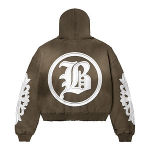 Low Moq Fabricante Custom Cotton 500 GSM Distressed Washed Rhinestone Double Zip up Hoodie - Product Image 4