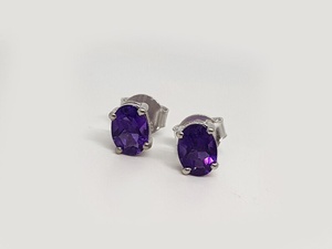 Amethyst Oval Cut <b>Stud</b> Earrings Children's Party Gift Wholesale Trendy Wedding Anniversary Rhodium-Plated Sterling <b>Silver</b> - Product Image 5