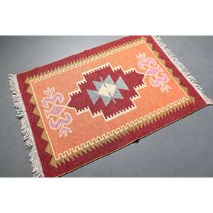 Alfombra pequeña vintage de 2.9x4 pies, alfombra turca de lana a rayas roja y naranja - Product Image 1