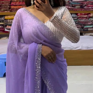 Sari en tissu GEORGETTE pur et doux de créateur à la mode avec un travail de séquence lourd, chemisier fantaisie, vêtements de fête et de mariage les plus vendus pour femmes - Product Image 3