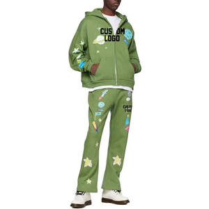 Costumes de jogging personnalisés pour hommes, survêtement délavé à l'acide, sweat à capuche zippé et pantalon de survêtement, ensemble de jogging, survêtements évasés à impression bouffante - Product Image 1