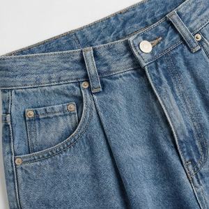 Jeans pour femmes en gros, style rétro, taille haute, jambe droite, design plissé à un bouton, coupe ample polyvalente, pantalon en denim décontracté - Product Image 4