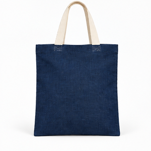 Sac fourre-tout en jute bleu marine 14,5 x 16,5 pouces avec poignées crème, sac plat, logo personnalisé, vente en gros - Product Image 3