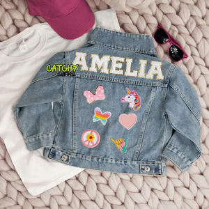 Venta al por mayor de manga larga azul claro lavado ácido chaqueta personalizada bordado parche niños niñas chaquetas de mezclilla - Product Image 2