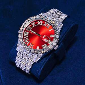Luxury Unisex <b>Red</b> Dial Stainless Steel Moissanite Watch Crystal Rhinestones Analog Fashion Bracelet 43mm Case Mechanical Auto - Product Image 1