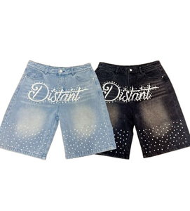 Short en jean personnalisé en gros Short en jean vintage taille moyenne vieilli délavé à l'acide Jorts en strass Shorts en jean pour hommes - Product Image 2