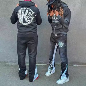 Fabricantes de ropa personalizada Serigrafía Sudadera con capucha con cremallera completa Sudadera con capucha Dos piezas apiladas Pantalones de chándal acampanados SetWomenTracksuits - Product Image 1