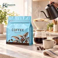 Sachet de café mat à fond plat, type stand-up, avec valve de dégazage unidirectionnelle et fermeture éclair refermable, impression personnalisée pour grains de café