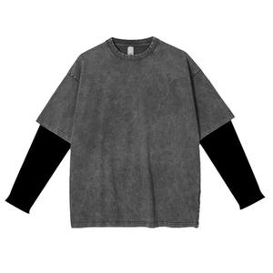 Camiseta de lavado ácido de algodón 100% para hombre, ropa de calle de manga larga de doble capa de gran tamaño, estilo informal en blanco - Product Image 1