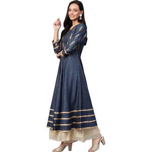 Blusa y camisa con estampado de rayón Anarkali Kurta cobre y oro para mujer - Product Image 1