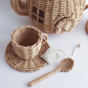 New Arrival Kids Rattan Tea Set Rattan Kids Toys <b>Handmade</b> Rattan Tea Pot Cup Set for Baby Playing <b>Doll</b> Furniture - Product Image 3