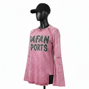 Women Soft Cotton Jersey Long Sleeve Tshirt 180 GSM Acid Wash Pink <b>Raglan</b> Sleeve Panel Custom Distress Print Logo Cotton T Shirt - Product Image 3