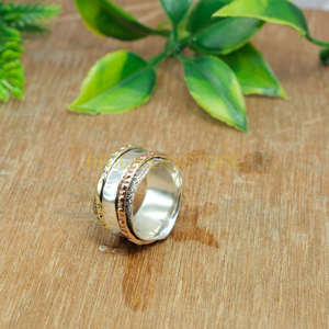 Spinner <b>Ring</b> Fidget <b>Ring</b> <b>Thumb</b> Band <b>Ring</b> Anxiety <b>Ring</b> Solid 925 <b>Sterling</b> <b>Silver</b> Spinner <b>Ring</b> With Brass and Copper Spinning Band - Product Image 2