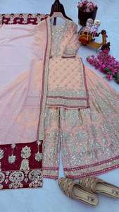 Présentant un haut à point complet et Sharara New Designer Faux Georgette Cording Sequence Embroidery Work Top et Sharara With Dupatta - Product Image 4