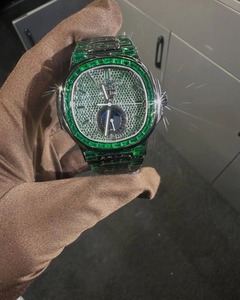 Customised Logo Green Diamond Full Iced Out Wrist <b>Watch</b> with Baguette Cut Premium Luxury Antique Hiphop Jewelry From India - Product Image 2