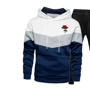 Ensemble de survêtement en molleton de coton à blocs de couleur avec broderie de roses imprimées, sweat-shirt et pantalon de jogging deux pièces, streetwear d'hiver - Product Image 6