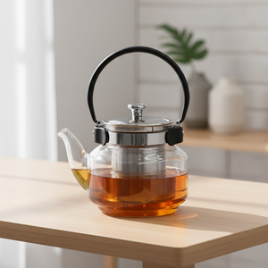 Théière en verre borosilicate transparent de qualité supérieure 3306314-0.8, style nordique, poignée en plastique résistante à la chaleur, acier inoxydable - Product Image 1